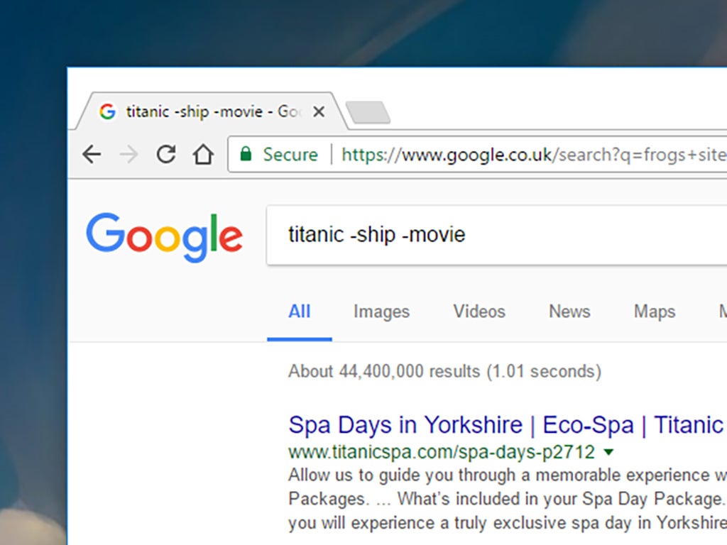 The Google search engine open in Google Chrome, with a search that excludes words.