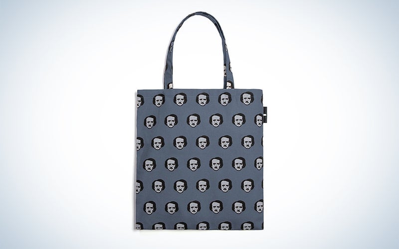 Gray tote bag with Poe's face