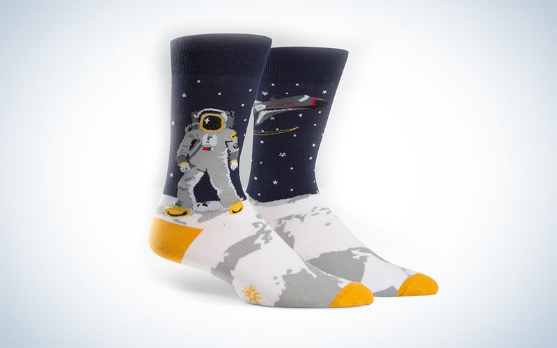 Yellow-toed and heeled socks with astronauts on the moon