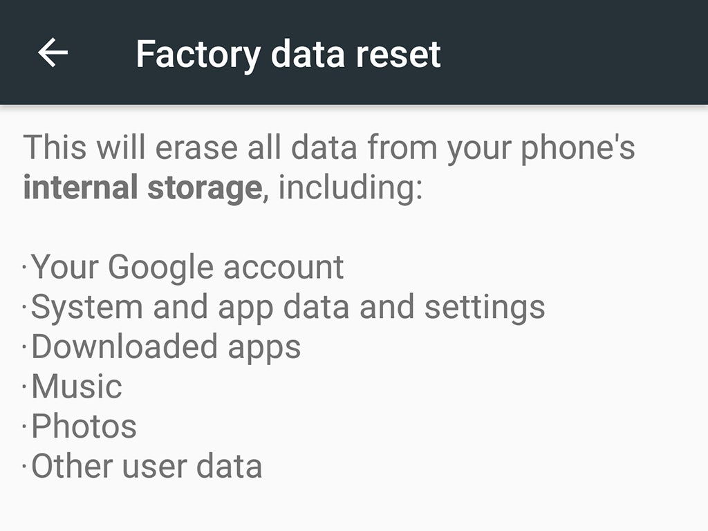 The factory reset screen on an Android phone.