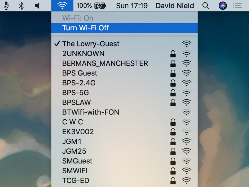 A list of available Wi-Fi networks on an Apple macOS computer.
