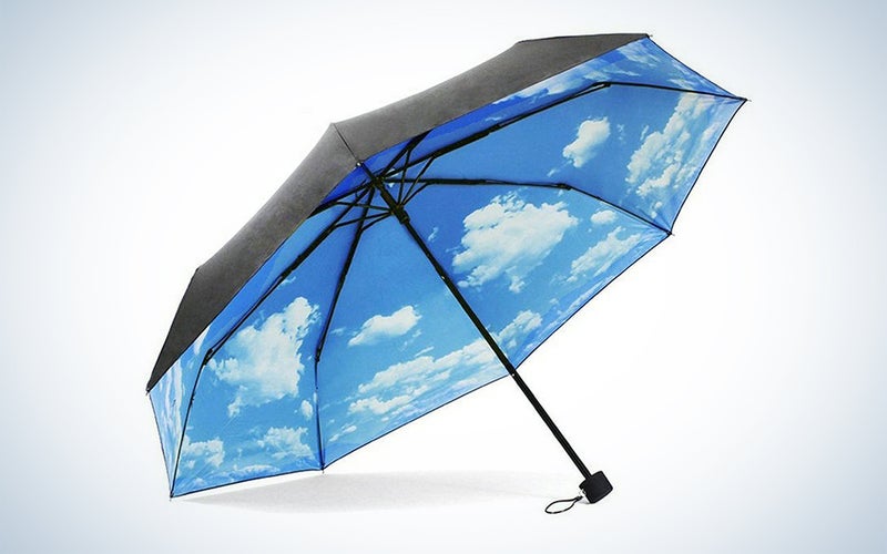 Black umbrella with sky printed on the inside