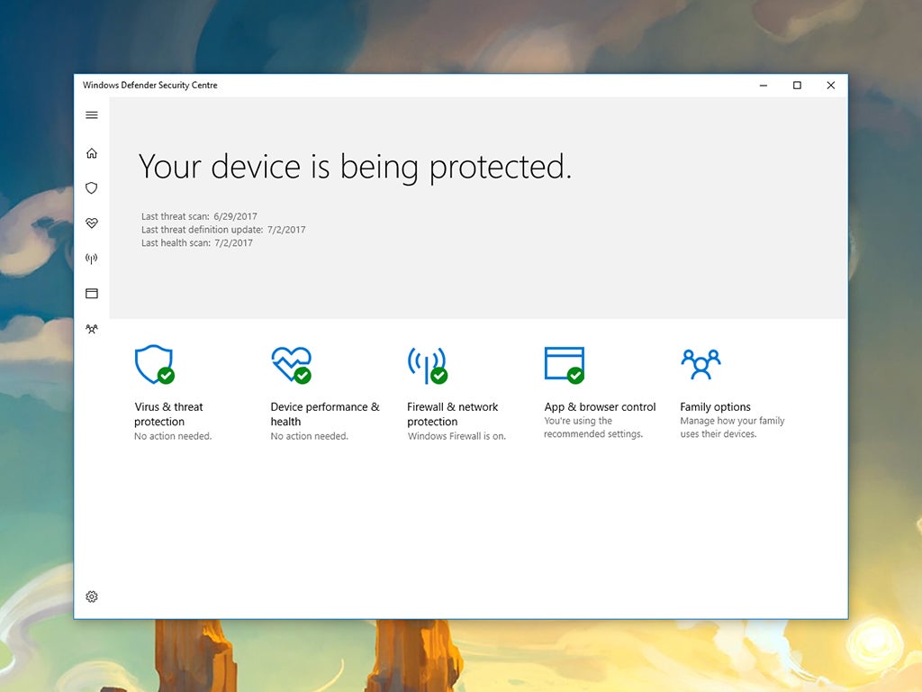 The Windows Defender window on Windows 10, showing virus threat and protection, as well as other factors.