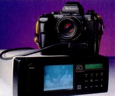 Built around the body of a Nikon F3, the <a href="http://books.google.com/books?id=EKAhPXdIsSMC&amp;lpg=PA82&amp;dq=kodak%20digital%20camera%20system&amp;pg=PA56#v=onepage&amp;q&amp;f=false">Digital Camera System</a> was the first to put the "D" in front of "SLR." Kodak engineers replaced the back of the Nikon shooter with a digital panel that contained a 1.3 megapixel color or monochrome image sensor. Pictures were piped from the camera directly to an attached hard drive with a preview screen. Though modern cameras are substantially more compact and self-contained, at the core, they all function much like the original Kodak system.