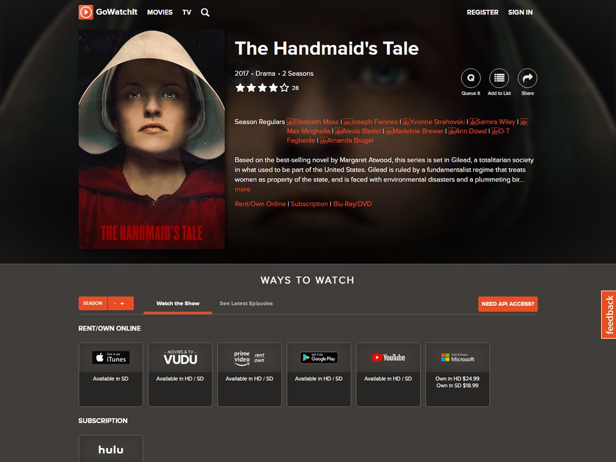 The user interface for the GoWatchIt streaming search (now JustWatch), showing The Handmaid's Tale.