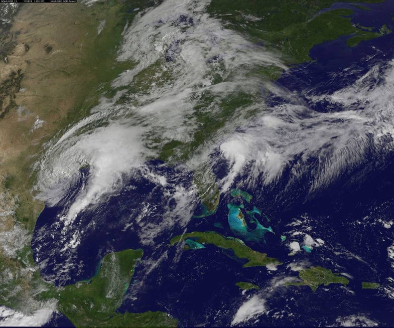This image of Tropical Storm Harvey was taken on Aug. 28 at 10:30 a.m. EDT as it began moving back into the Gulf of Mexico.