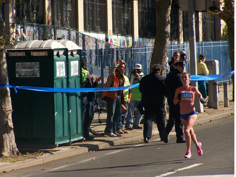 Sarah Porter comes in 21st place in the 2011 TCS marathon, with the help of some portable toilets.