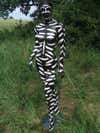 a mannequin painted with zebra stripes standing in a field