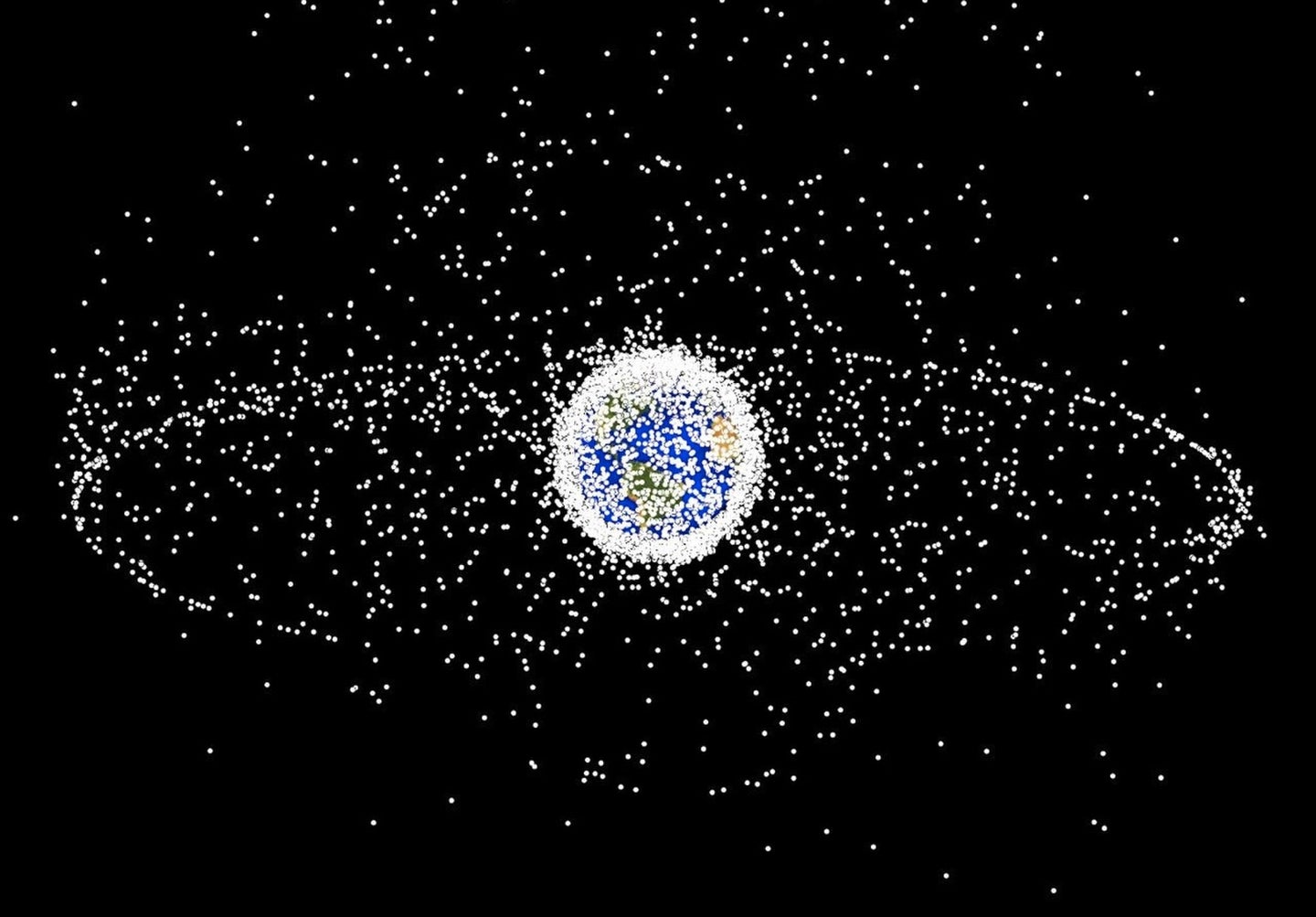 an illustration of earth surrounded by white dots representing debris