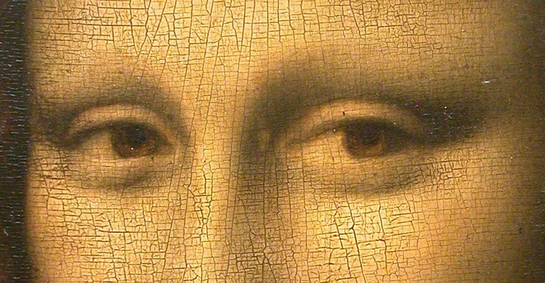 Mona Lisa cracking paint close-up eyes