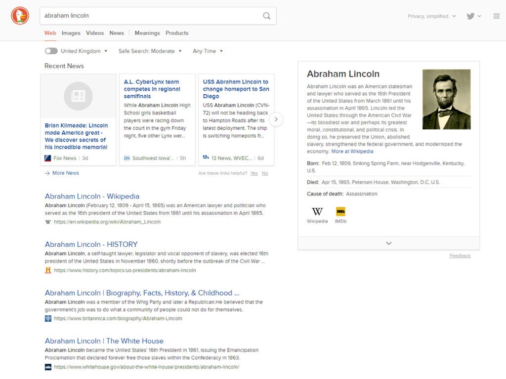 DuckDuckGo search browser for Abraham Lincoln