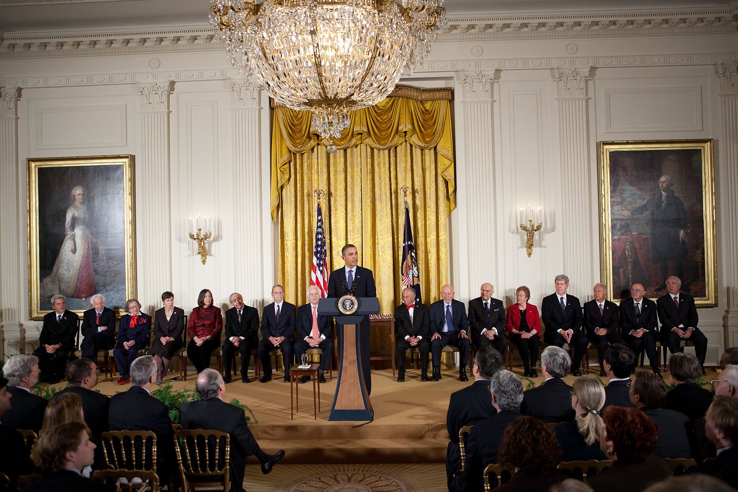 President Barack Obama speaks at the National Medal of Technology and Innovation awards, November 17, 2010. National Medal of Science recipient Warren Washington sits to his left.
