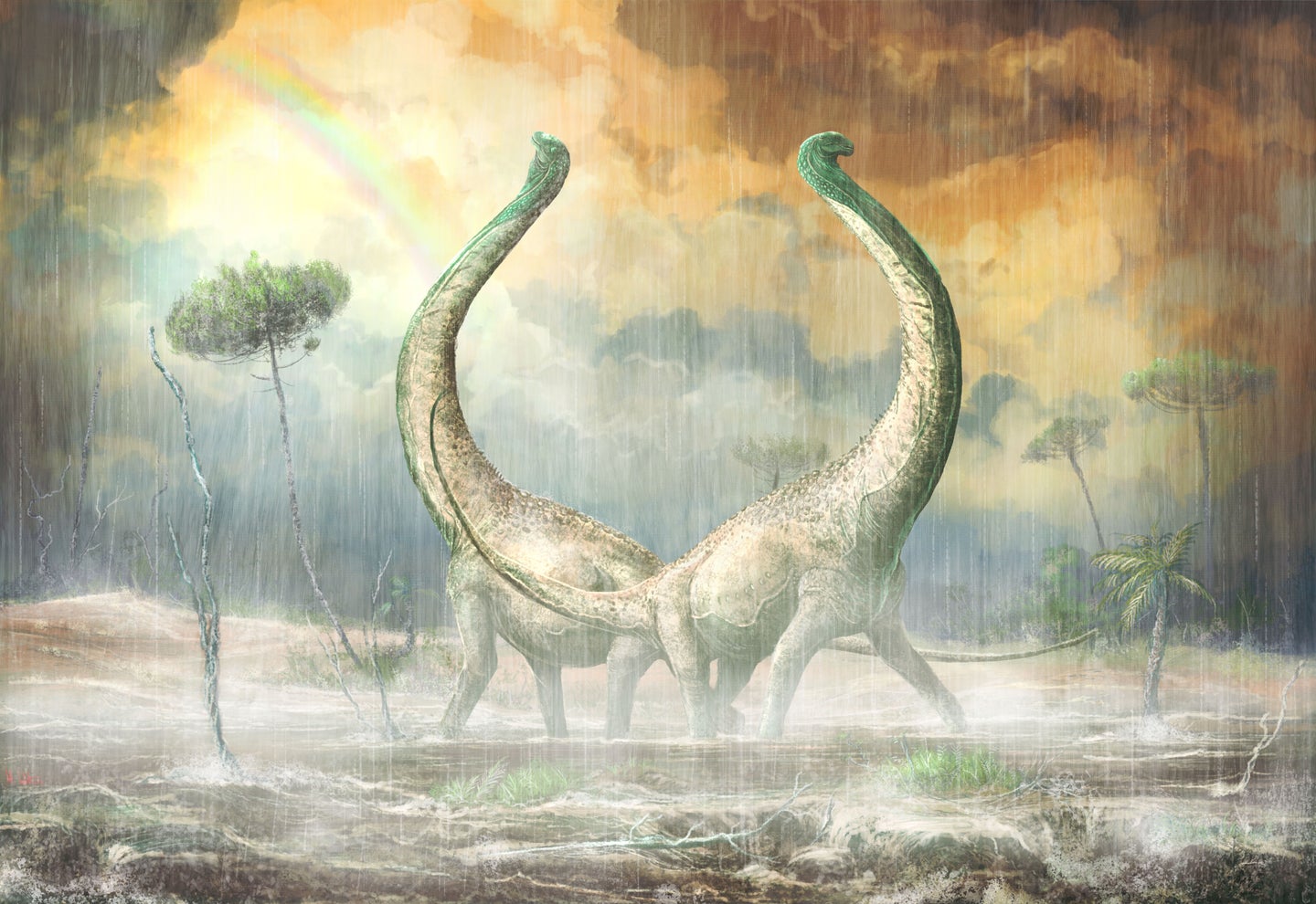 Two long-necked dinosaurs pose together in the rain
