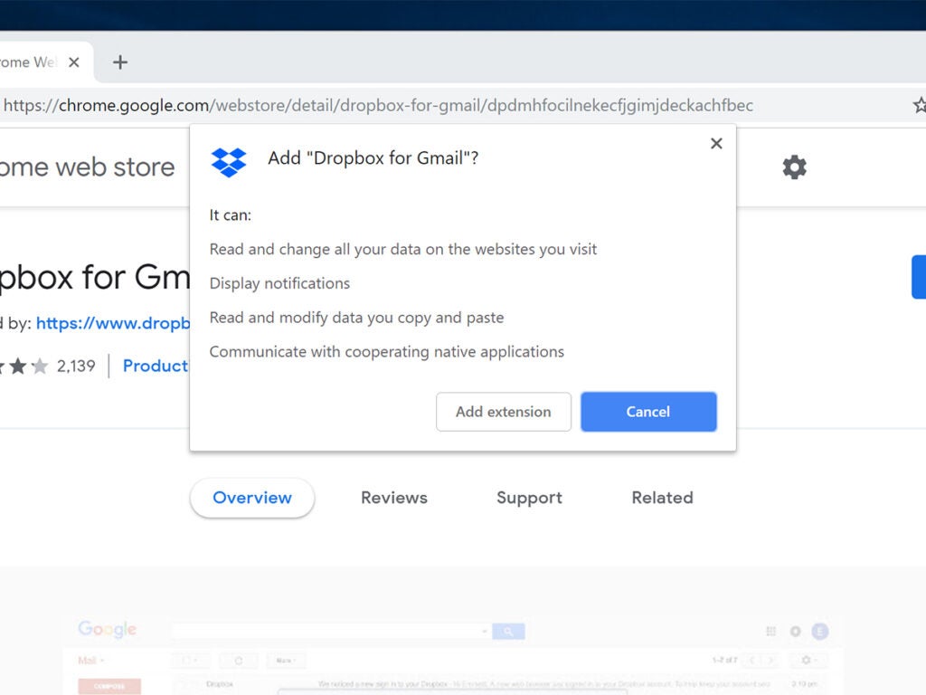 The installation process for Dropbox for Gmail extension in a Google Chrome browser.