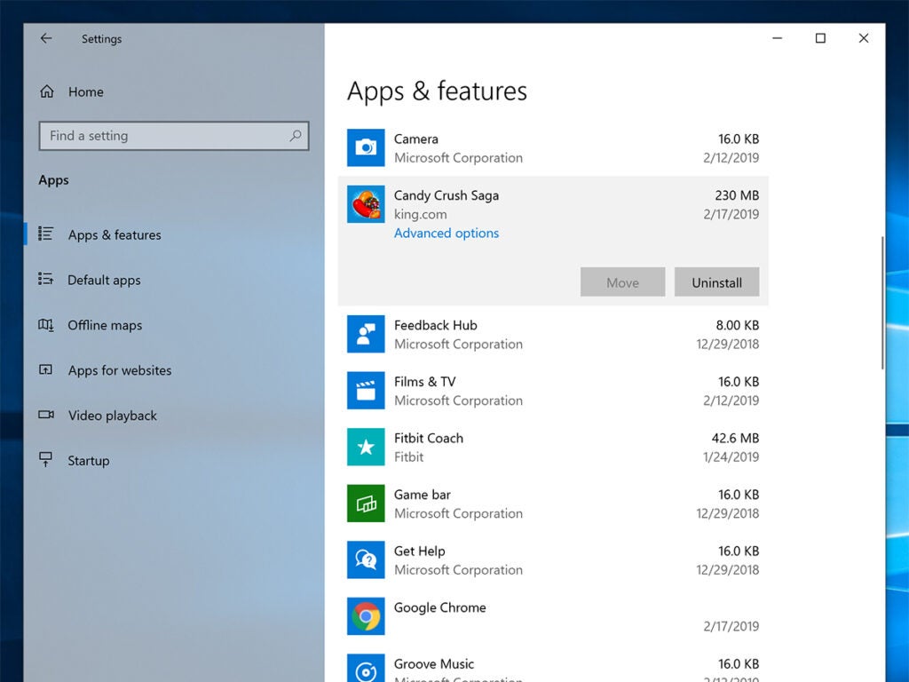 A list of Windows 10 apps inside the operating system's apps and features menu, some of which may be bloatware.
