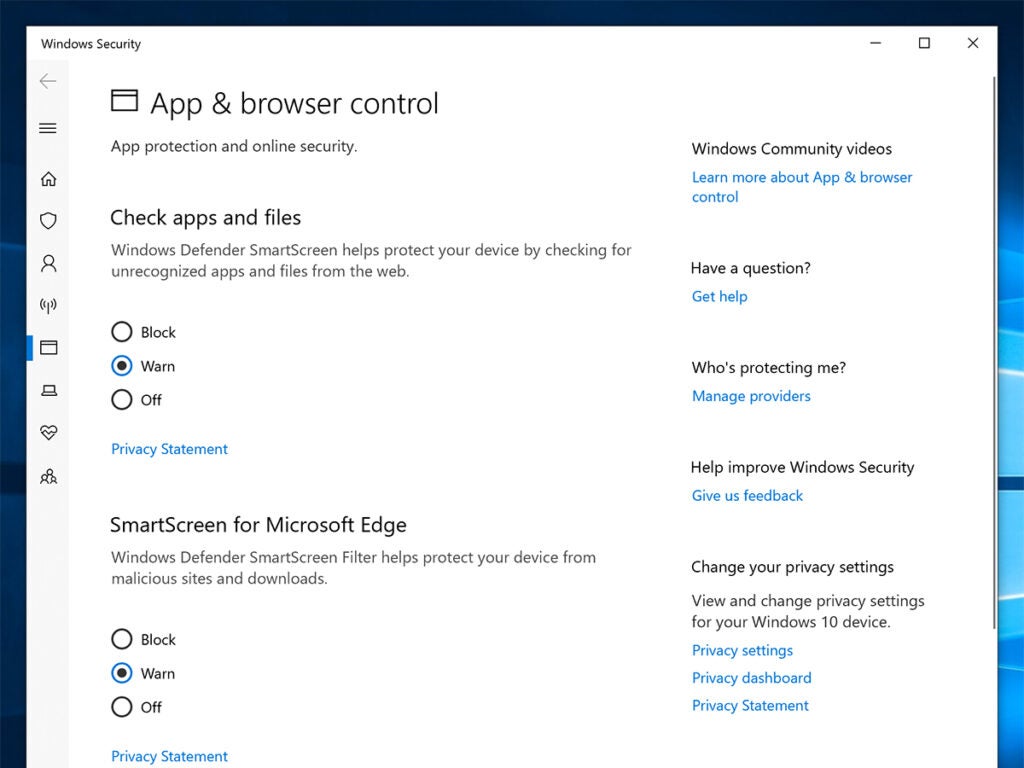 Экран настроек управления приложением и браузером в Windows 10 для обеспечения безопасности.