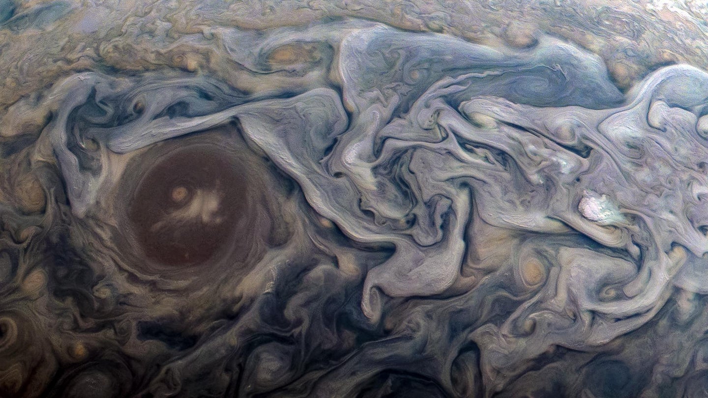 Jupiter has no shortage of swirly, twirly clouds. This jet stream region is called "Jet N6."