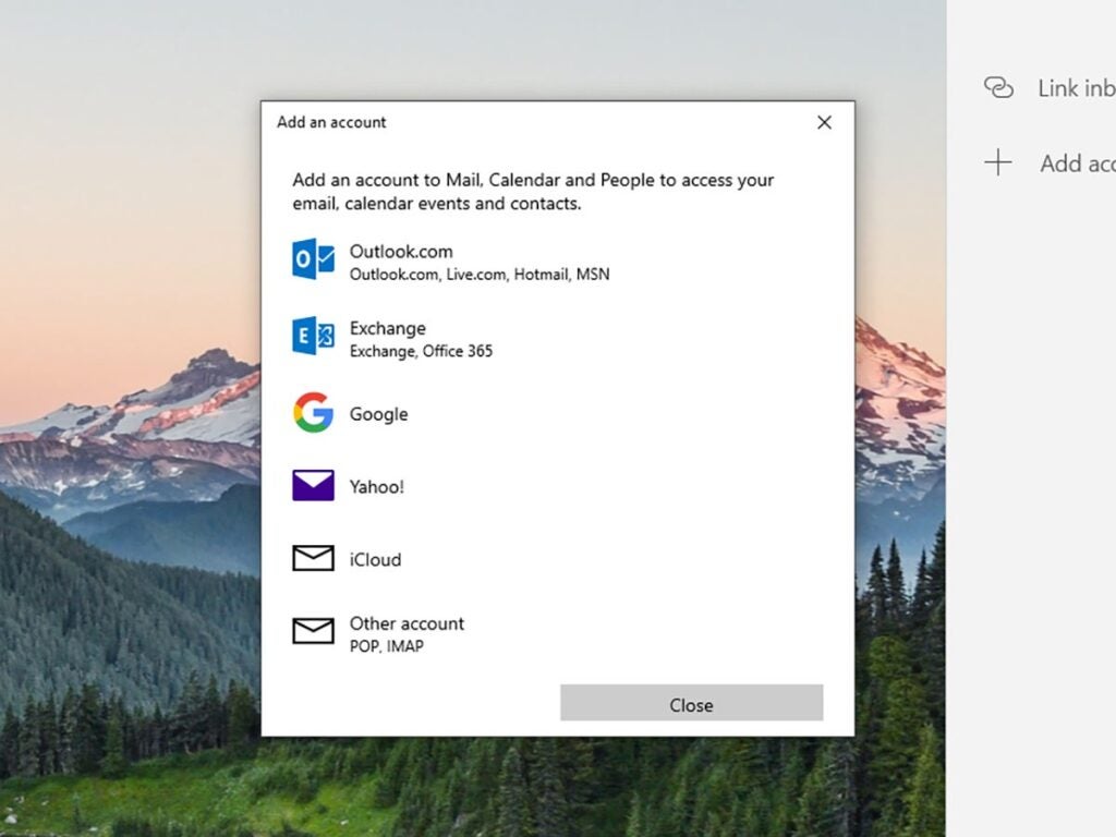 The options for syncing email accounts on Windows.