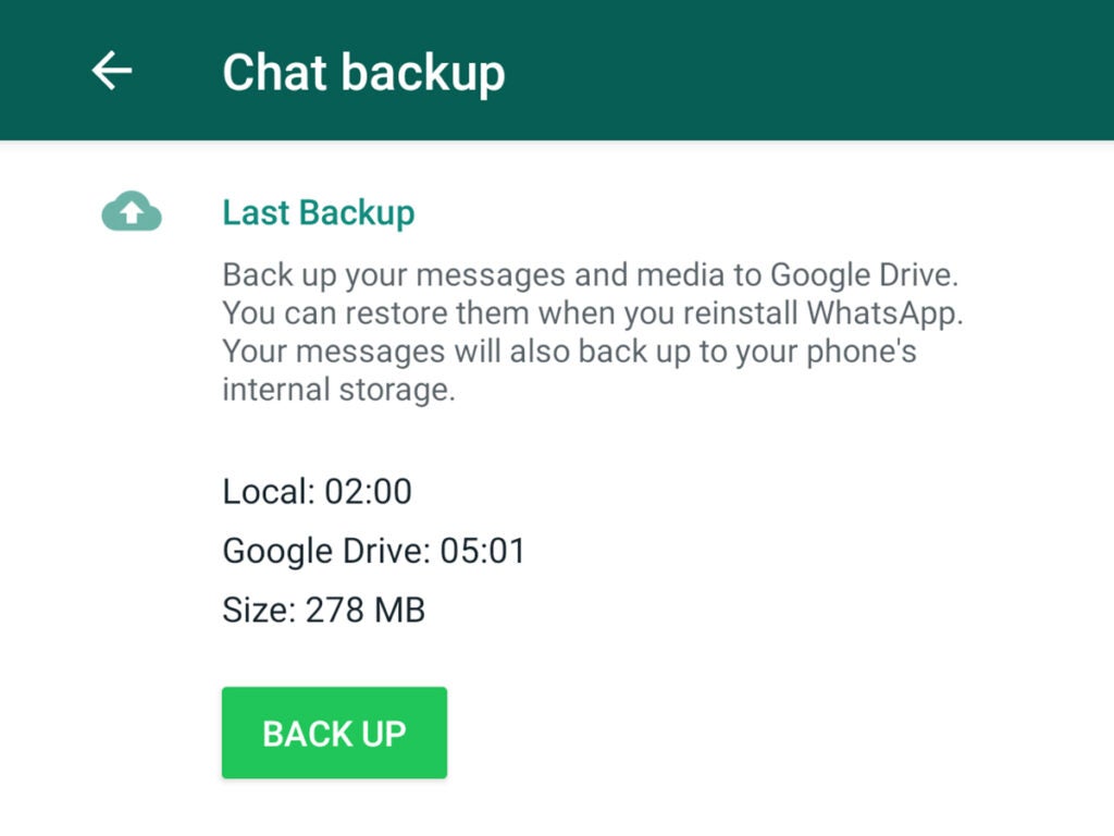The chat backup feature in WhatsApp app for Android.