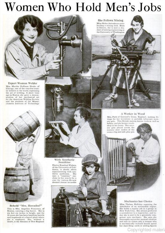 Who says a woman can't weld metal, handle heavy labor, or repair vehicles? In this spread, we profiled several women who held traditionally male jobs. Martha Hoffman Henke was so good at welding, that she was able to demonstrate her skills to the American Welding Society and to the Massachusetts Institute of Technology. Helen Antonkova, a Siberian student of mining engineering at the University of Washington, could easily overhaul a mining drill. An Englishwoman known only as Mrs. Park of Garrard's Cross invented a portable telescopic nursery gate, which kept babies from wandering into dangerous areas of the home. The list goes on, so read the full story in "Women Who Hold Men's Jobs"