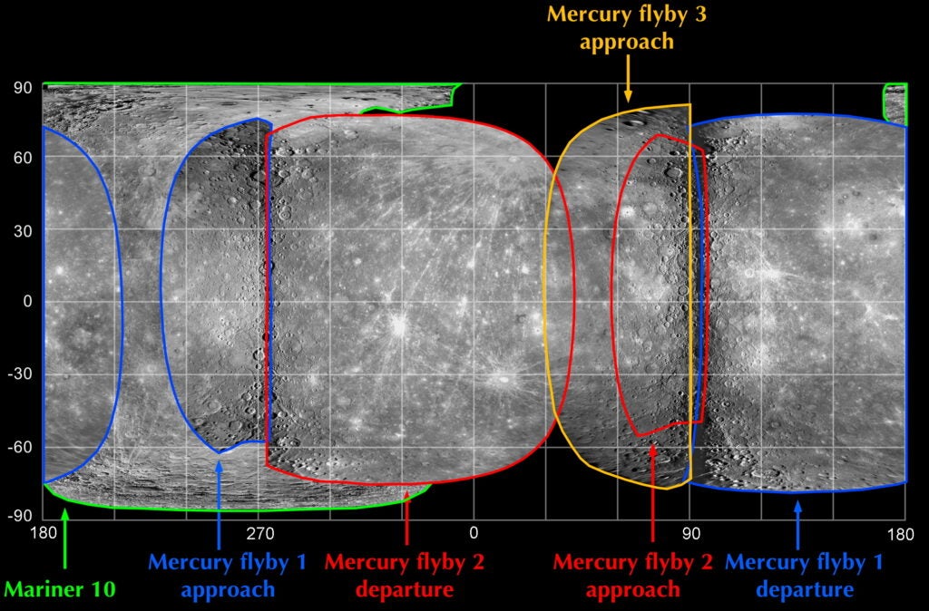 One of the main science imaging goals of <em>Messenger</em>'s third Mercury flyby was to obtain the first images of a portion of Mercury's surface that had never before been seen by spacecraft. The new images (outlined in yellow) filled a gap in the map that existed prior to the encounter. Combining the new Mercury coverage with photos obtained from Mariner 10's three flybys in 1974-75 (outlined in green) and images from <em>Messenger</em>'s first (outlined in blue) and second (outlined in red) Mercury encounters in 2008 now yields nearly total coverage of Mercury's surface. Along with revealing intriguing geologic features in this previously unseen terrain, having a complete global map of Mercury's surface will be valuable for planning <em>Messenger</em>'s orbital operations, which will begin in March 2011.