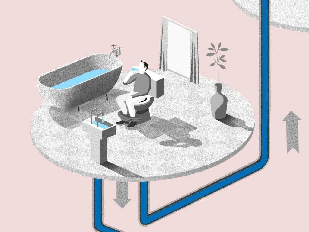 A person sitting on a toilet in a bathroom with a full sink and clawfoot bathtub, drinking water while they sit. Blue pipes show the direction of the water when it leaves the bathroom. Illustration.