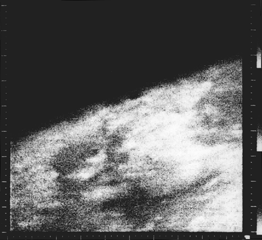 The Martian horizon set against the blackness of space as seen by Mariner 4.