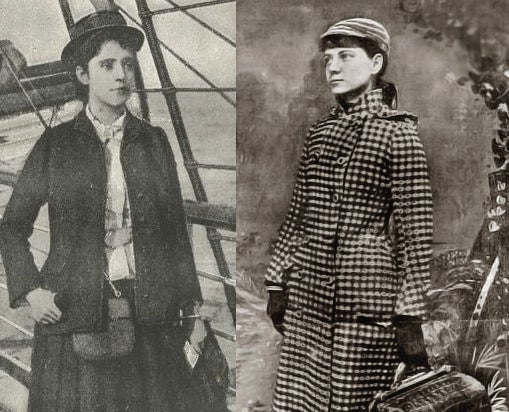 Bisland (left) and Bly (right) in their travel gear, in photos taken to publicize their race