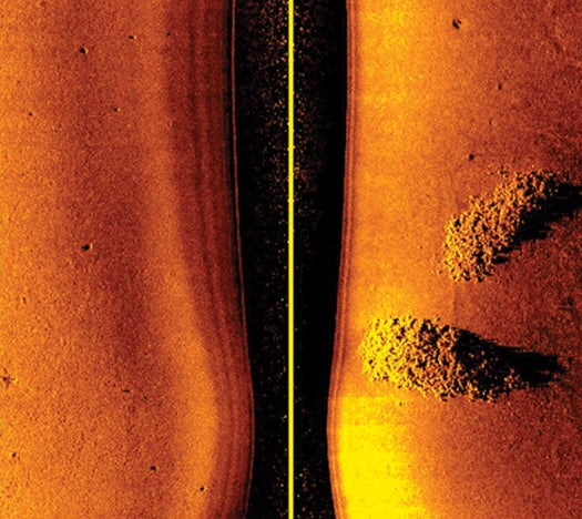 Sonar transducers on the sides of the Remus 100 cannot "see" directly beneath the AUV [dark area, above]. On the right are two ancient shipwrecks.
