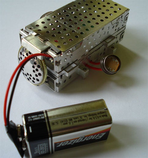 A homemade pocket theremin connected to a 9-volt battery.