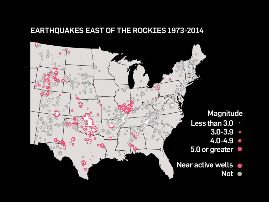 map showing that most of the mid-continent earthquakes are associated with drilling sites