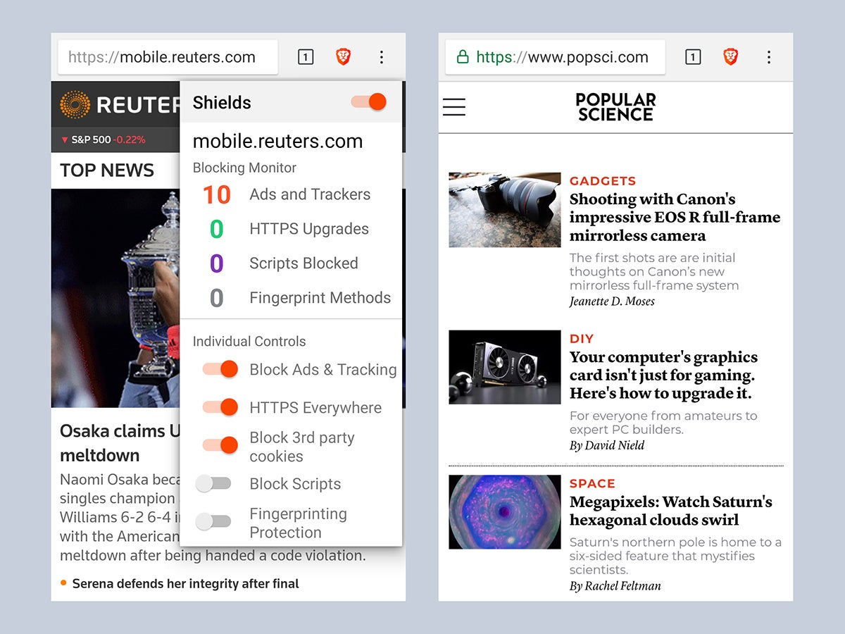 Browser seluler Brave menampilkan situs web Popular Science.