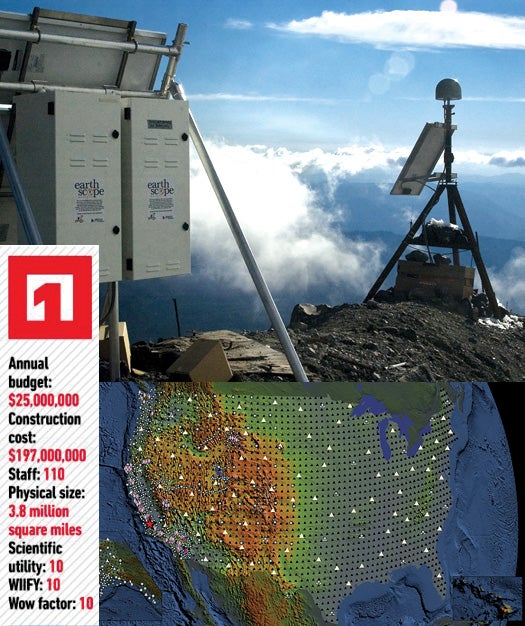 <strong>A telescope to peer deep into the heart of our planet</strong> Designed to track North America's geological evolution, EarthScope is the largest science project on the planet. This earth-sciences observatory records data over 3.8 million square miles. Since 2003, its more than 4,000 instruments have amassed 67 terabytes of dataa€"that's equivalent to more than a quarter of the data in the Library of Congressa€"and add another terabyte every six to eight weeks Scientific Utility Researchers are using EarthScope, which consists of many kinds of experiments, to examine all facets of North America's geological composition. Across the continental U.S. and Puerto Rico, 1,100 permanent GPS units track deformations in the land's surface caused by tectonic shifts below. Seismic sensors next to the active San Andreas Fault in California record its tiniest slips, while rock samples pulled from a drill site that extends two miles into the fault reveal the grinding and strain on the rocks that occur when the two sides of the fault slide past each other during an earthquake. And over the course of 10 years, small crews have hauled a moveable array of 400 seismographs across the country using backhoes and sweat. By the time the stations reach the East Coast next year, they will have collected data from almost 2,000 locations. What's In It For You Collectively, EarthScope's measurements could help explain the forces behind geological events such as earthquakes and volcanic eruptions, leading to better detection. So far, data from the project has shown that rocks in the San Andreas Fault are weaker than those outside it and that the plume of magma under Yellowstone's supervolcano is even bigger than previously suspected.