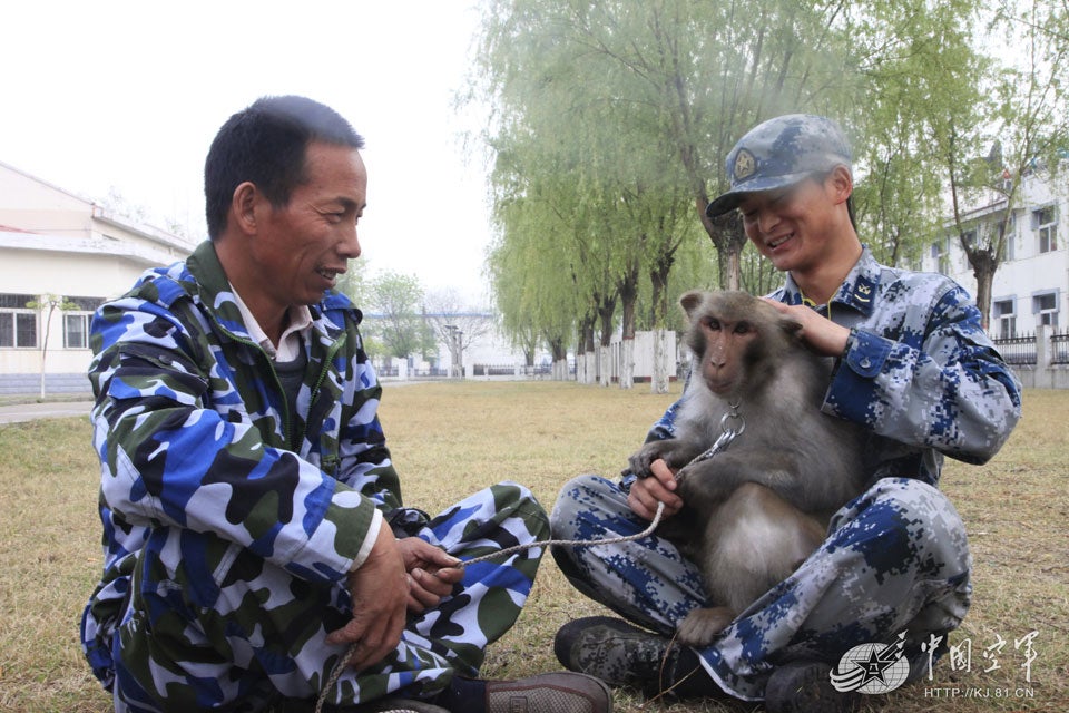 Two PLAAF personnel have a moment with a monkey, presumably after a hard day of work, making the skies safer for airplanes, one birds nest at a time.
