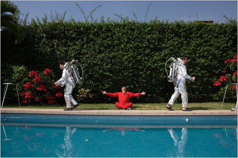 John Gilhooley, my assistant, made this picture of Larry and me with Juan next to his pool. It was the first time that the two of us got all geared up-the 70 pounds really does feel like something on your back. I was ready to go try and fly the thing at that moment.