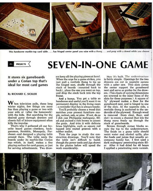 "When television palls, these long winter nights," we poetically told our readers in 1972, "few things are more fun than playing a game or two with your wife or (after the homework) with the kids." But it just takes so long to set up a board game. The solution? Spend several hours away from your wife and kids making a DIY table that fits seven games in one. It does look pretty neat--but are we wrong to assume this might be a way of tacitly condoning gambling with the guys? (Or, after the homework, gambling with the kids.) From the article "Seven-in-One Game Table."