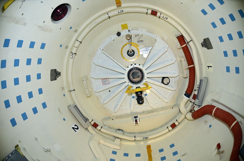 The closed hatchway inside the airlock that led to the docking adapter used to enter the International Space Station (ISS).