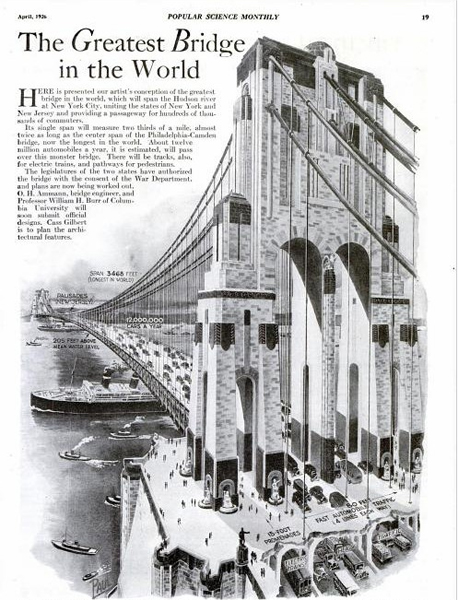 The George Washington Bridge, which stretches across the Hudson River, connects Manhattan's Washington Heights neighborhood to Fort Lee in New Jersey. Famed architect Cass Gilbert and Othmar Ammann, the bridge's chief engineer, worked on it between 1927 and 1931. In 1926, we estimated that the bridge would span 3,468 feet and carry 12 million cars a year. Today, it accommodates 106 million vehicles annually and extends a total length of 4,670 feet. Apparently, "The Greatest Bridge in the World" turned out greater than expected. Read the full story in "The Greatest Bridge in the World"