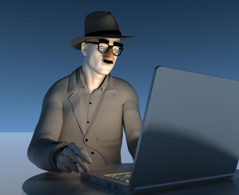 A man wearing a silly glasses, nose, and mustache disguise, as well as a black fedora and a gray suit, surfing the web. Illustration.