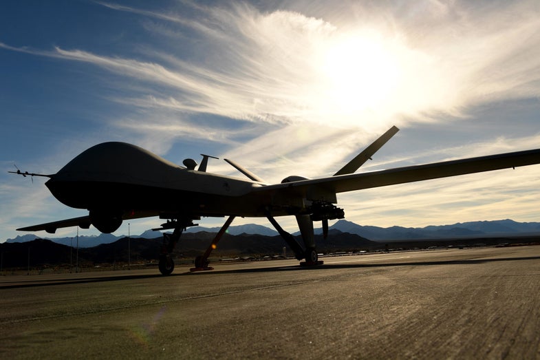 An MQ-9 Reaper sits on the flight line Nov. 22, 2016, at Creech Air Force Base, Nev. The Reaper is an evolution of the MQ-1 Predator and can carry four AGM-114 Hellfire missiles and two 500 pound bombs while being able to fly for 18-24 hour missions. (U.S. Air Force photo by Senior Airman Christian Clausen)