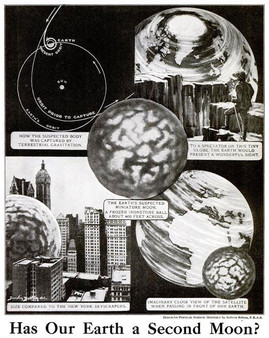 Scriven Bolton, you daring man. Here, he discusses not our actual moon, but a theoretical meteoric iron body that revolves around earth every three hours at 3.5 miles per second. Compared to <em>the</em> moon, the second moon is tiny. So tiny, in fact, it could fit snugly onto the streets of New York. You'd need a telescope to see it. People only began to suspect its existence in the first place because they'd seen a mysterious speck pass between between the sun and the moon. Although people had filed reports of sightings, none of them had been confirmed at the time of this article's publication. Read the full story in "Has Our Earth a Second Moon?"