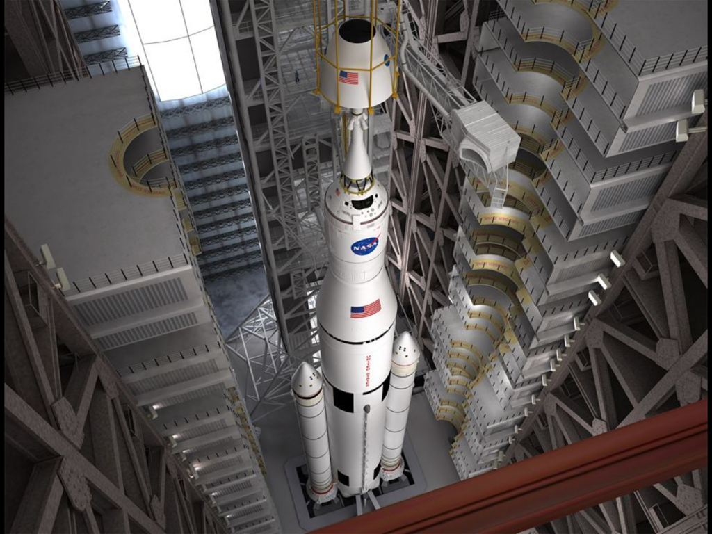 An artist's concept of SLS and Orion inside the VAB