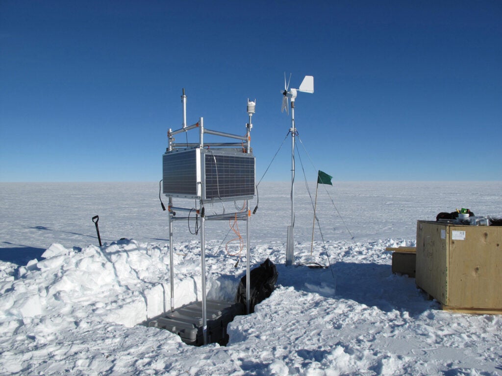 This permanent GPS station is used for ice velocity and lake level measurement. The station is designed to last for at least three years and can operate through the polar winter using wind and solar to recharge its battery bank. It houses a weather station and Iridium modem uplink for data transfer.