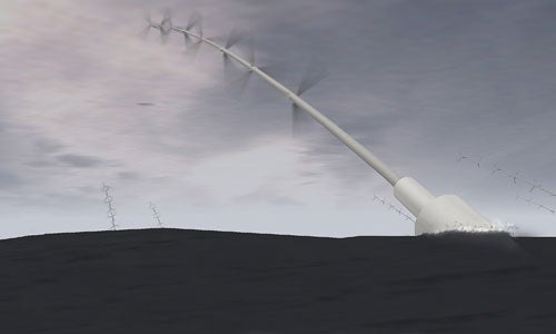 The floating Superturbine can be moored farther offshore than traditional turbines. Multiple high-speed rotors increase energy output, and a carbon-fiber frame and flexing mechanisms help it survive storms.