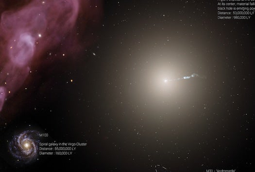 The M100 galaxy, which is about 60 percent larger than the Milky Way, next to the M97 galaxy.