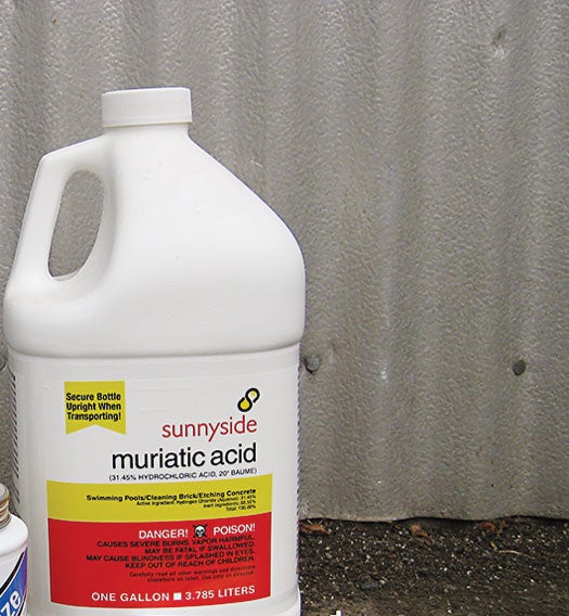 Muriatic acid (diluted hydrochloric acid) is commonly used for cleaning pools and other concrete surfaces, but I use it to remove the rust or galvanization from steel, as part of an etching solution for printed circuit boards, and sometimes just to clean up my shop floor.