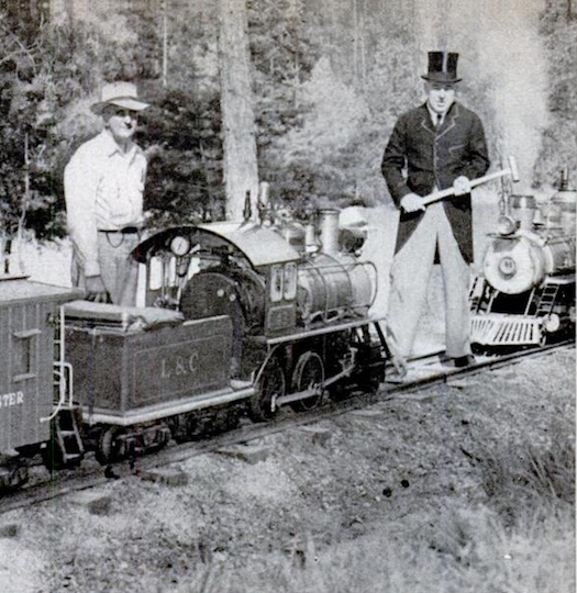 PopSci reported in 1953 that model railroading – not just kid stuff anymore – is moving outdoors and getting serious. Enthusiasts picked up discarded amusement park engines to make their model trains strong enough to haul passengers. Here, well-dressed men pose for a mysterious "Golden Spike" ceremony in South Carolina. Read the full story in 5,000 Railroads Run for Fun.