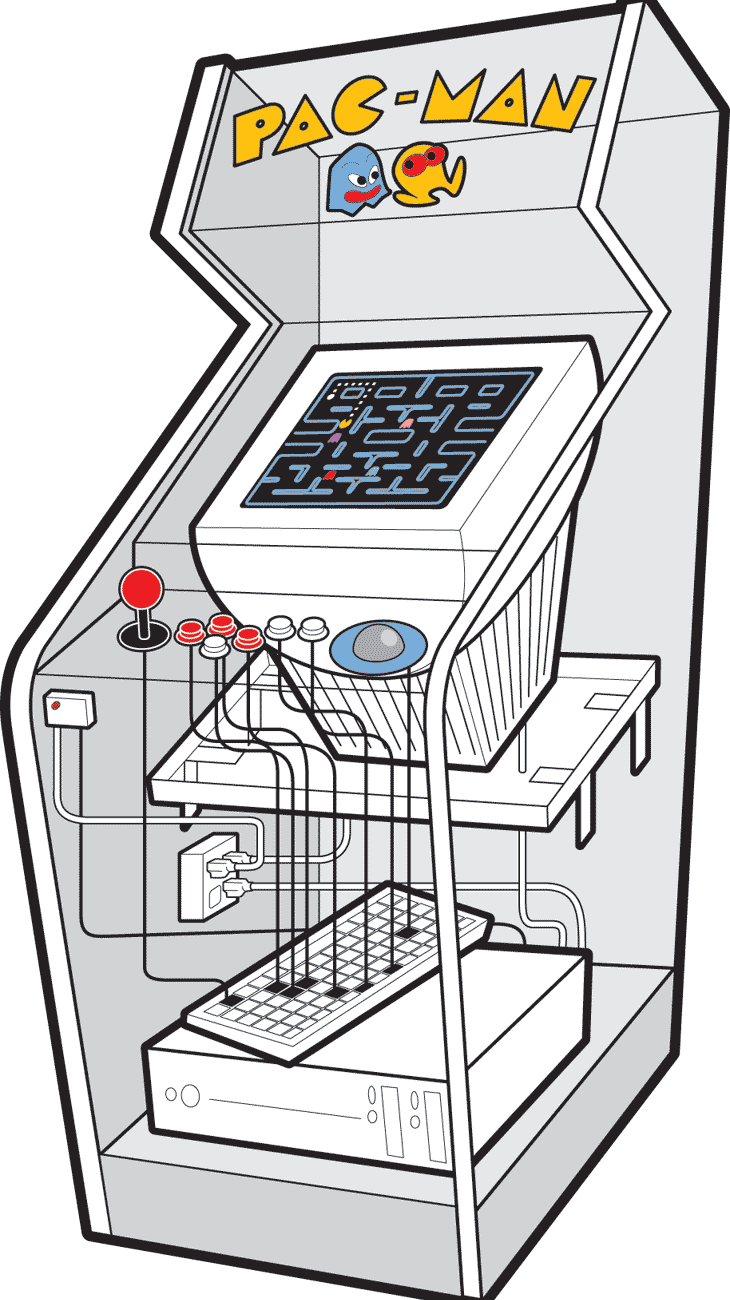 A transparent Pac-Man arcade cabinet showing the inner workings. Illustration.