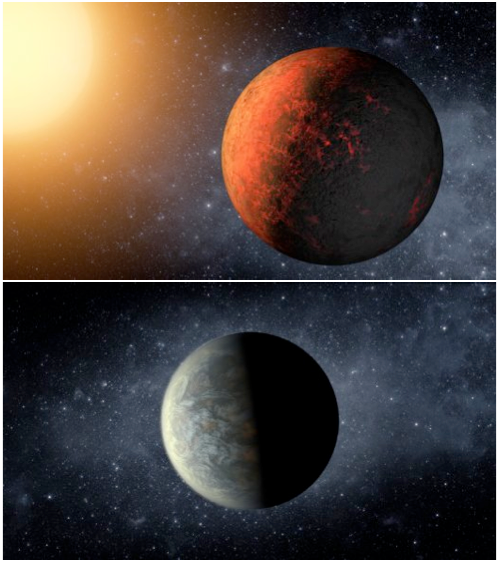 These planets are two of the smallest Kepler has found yet, and two of the most Earth-like. Kepler-20e, at the top, orbits its star every 6.1 days. At just 4.7 million miles from its star, its surface temperature reaches a searing 1,400 degrees F. Kepler-20f, at bottom, is 1.03 times the size of Earth, one of the closest to our own planet's size of any exoplanet yet discovered. It has somewhere less than three times Earth's mass. It's just 10.3 million miles from its star (we're 93 million from ours) and as such makes an orbit in just 19.6 days. Its surface temperature is about 800 degrees F, but astronomers believe it may have held on to a water-vapor atmosphere.