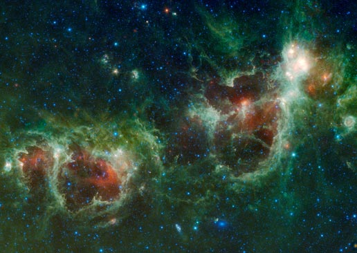 Located about 6,000 light-years from Earth, the Heart and Soul nebulae in the constellation Cassiopeia form a vast star-forming complex that makes up part of an arm of the Milky Way Galaxy. The nebula to the right is the Heart, named after its resemblance to a human heart.